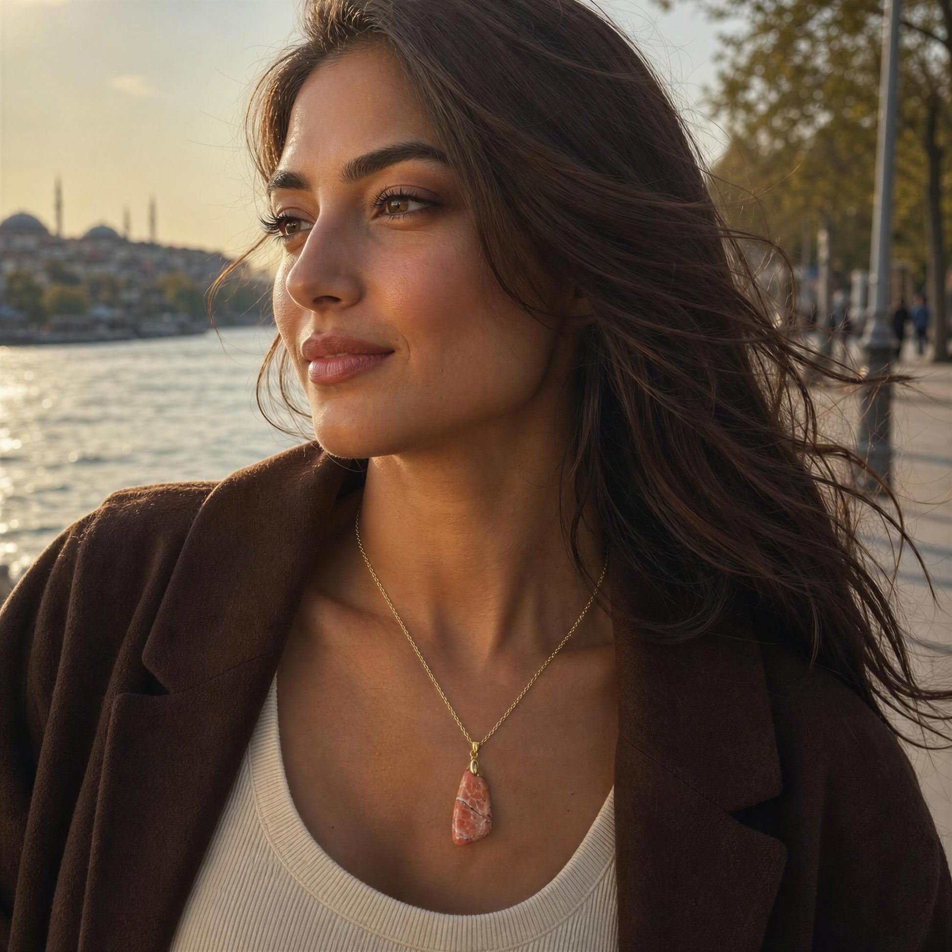 A woman outdoors by the water wearing the Pietra Rosa Natural Stone Necklace, a gold necklace with a teardrop-shaped pinkish stone pendant, paired with a brown blazer and cream top.