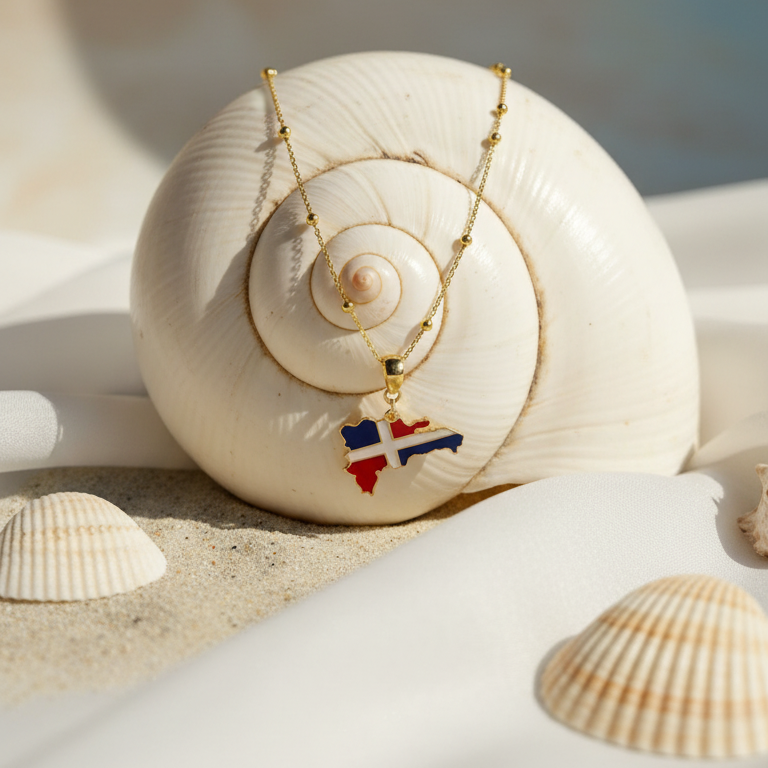 The Quisqueya Necklace with the Dominican Republic map  pendant on a shell against a beach background