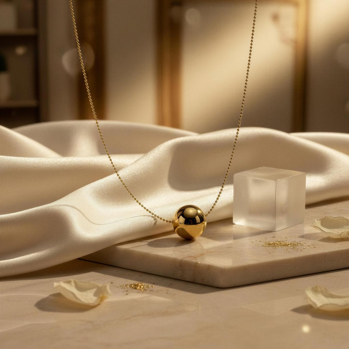 The Riviera Orb Necklace-  on a marble surface with soft lighting