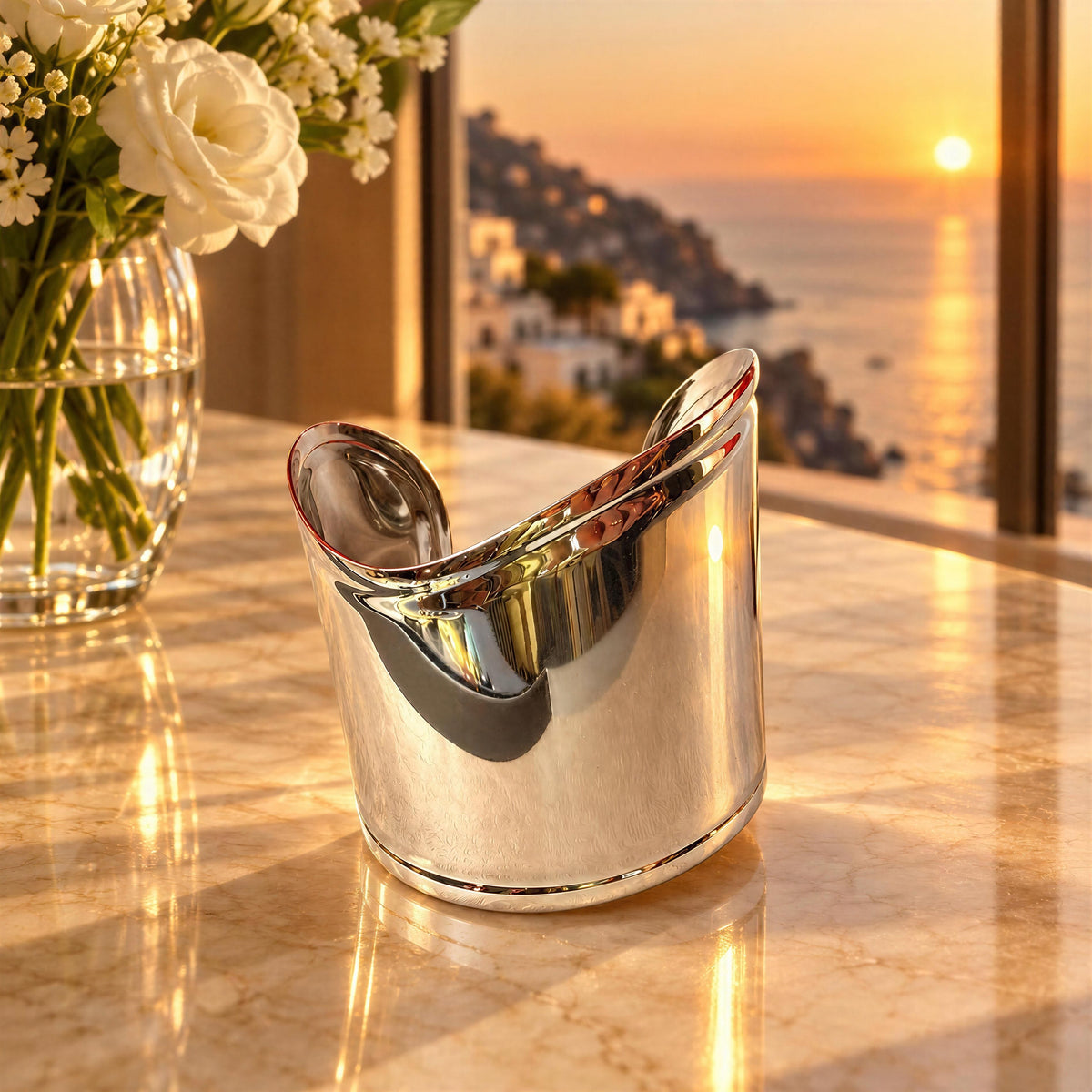 The Roma Cuff- Retro Collection -from Chica Chica Jewelry, with view in the background and a vase of white flowers to the side.