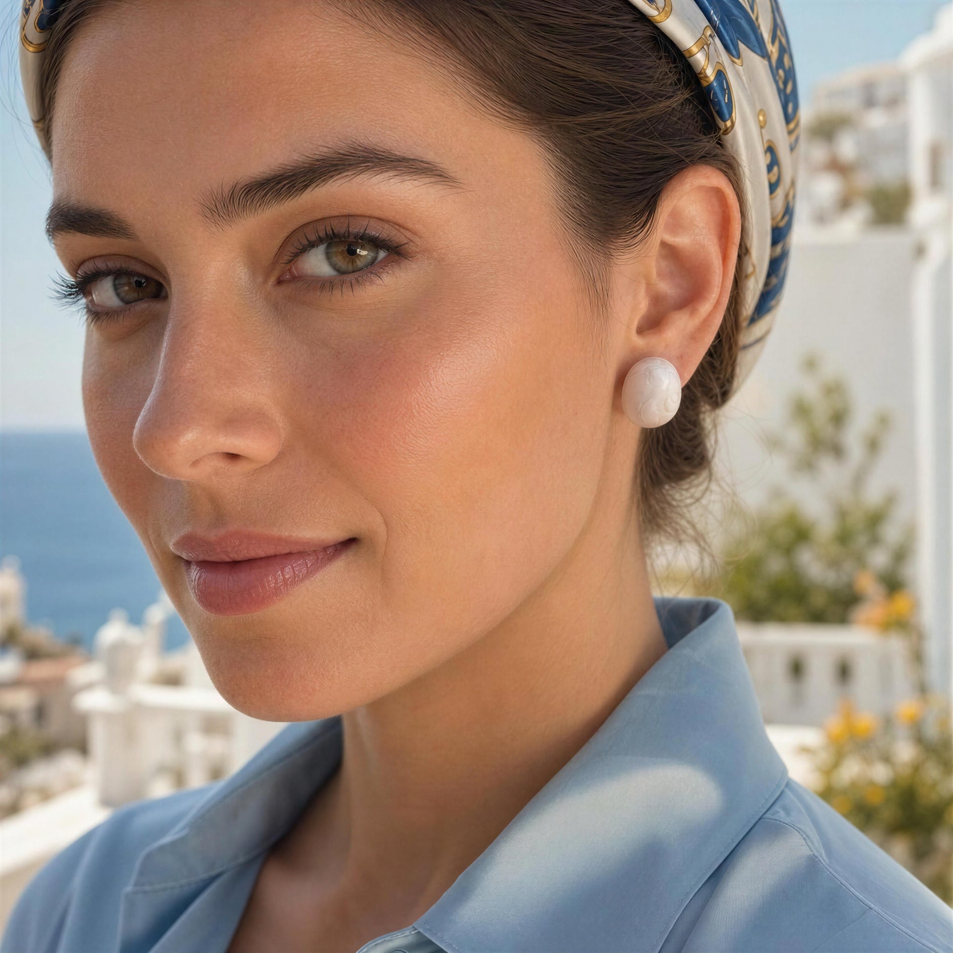 Woman wearing a blue headscarf and the Rosina Studs - Ivory Mist with a scenic background