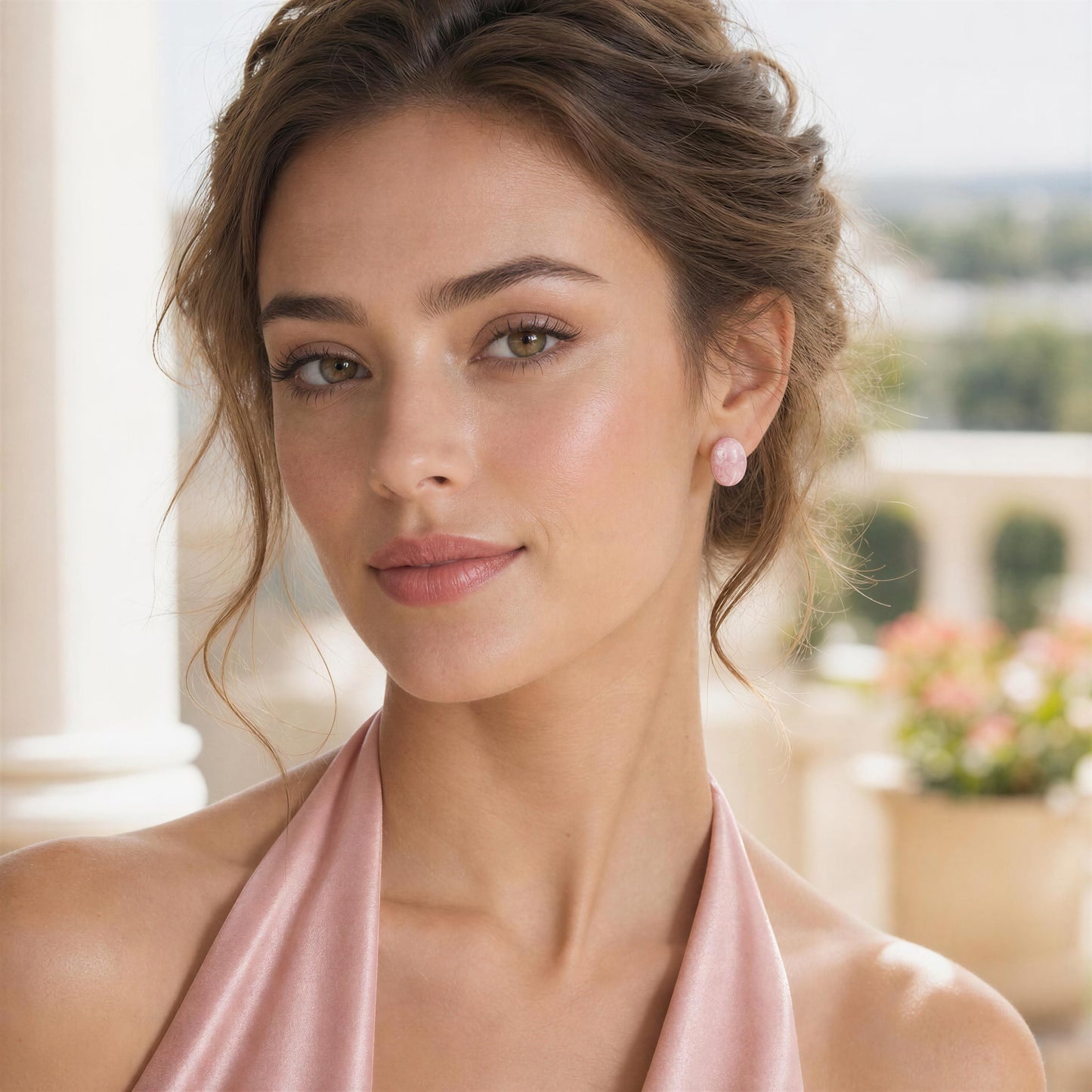 Woman wearing a pink top and the Rosina Studs - Pink with a blurred outdoor background
