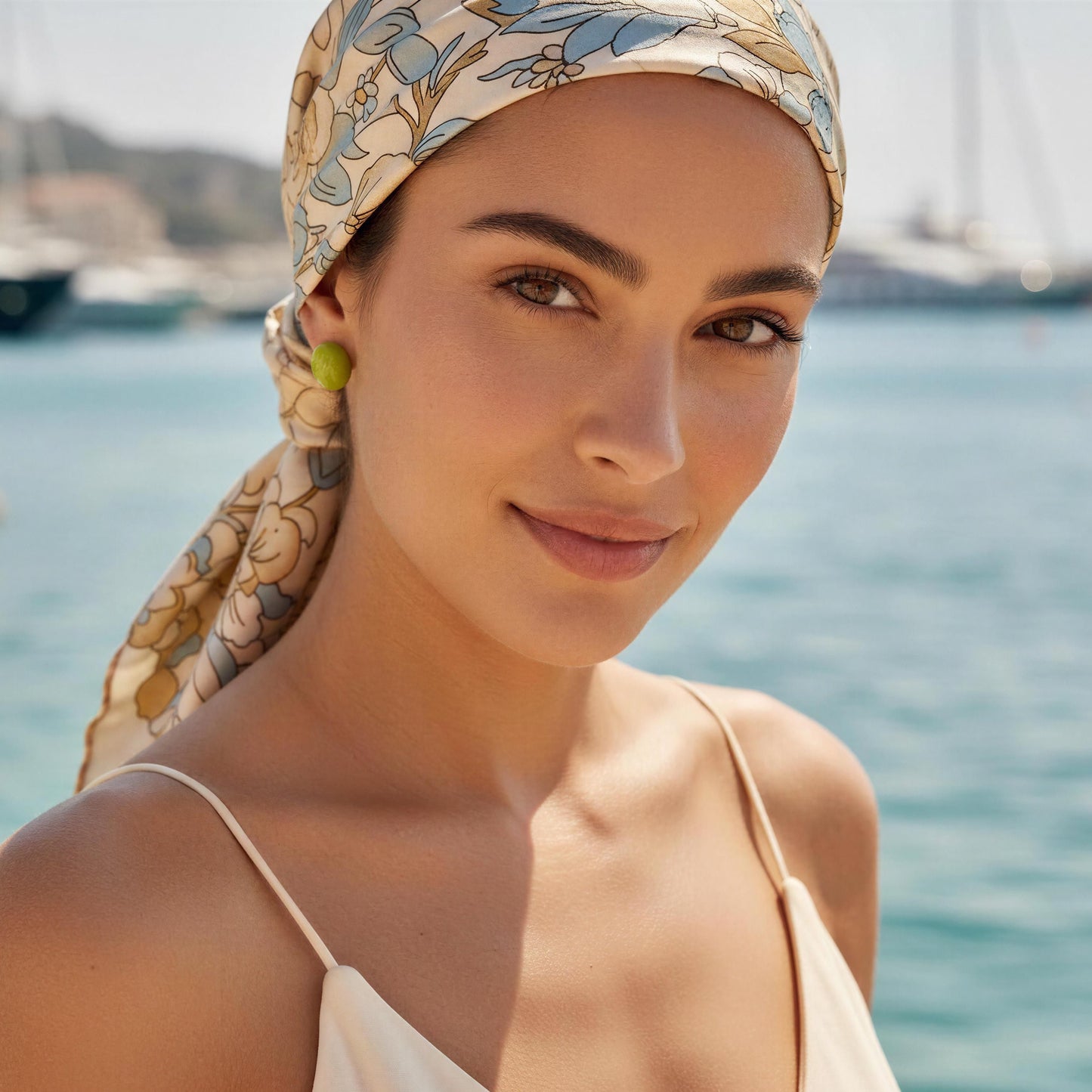 Woman wearing a floral headscarf and the Rosina Studs - Verde Luxe with a body of water and boats in the background