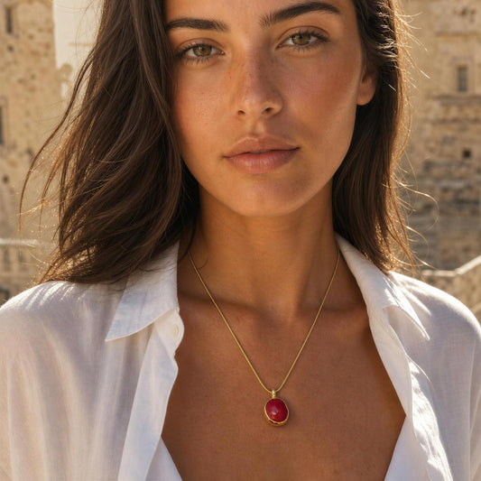 A close-up lifestyle shot of a woman wearing  the Rubina Necklace, a delicate gold chain necklace with a round red agata gemstone pendant, set against a warm, blurred background.