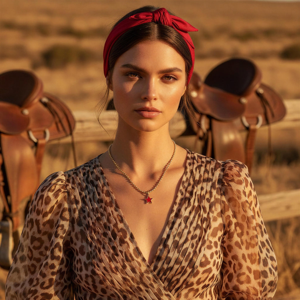 A woman in a western-style setting wearing a red bow headband and a leopard-print blouse, with saddles visible in the background.