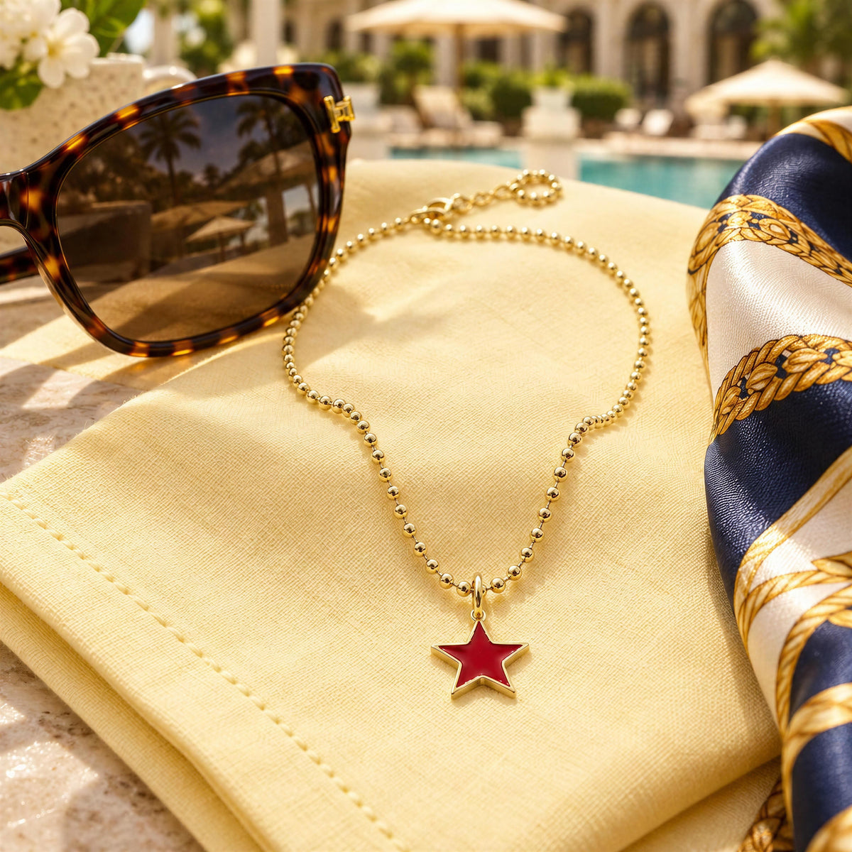 A gold ball-chain necklace with a red star pendant is styled on a pale yellow cloth by a poolside setting, with sunglasses and a blue-and-gold patterned scarf nearby.