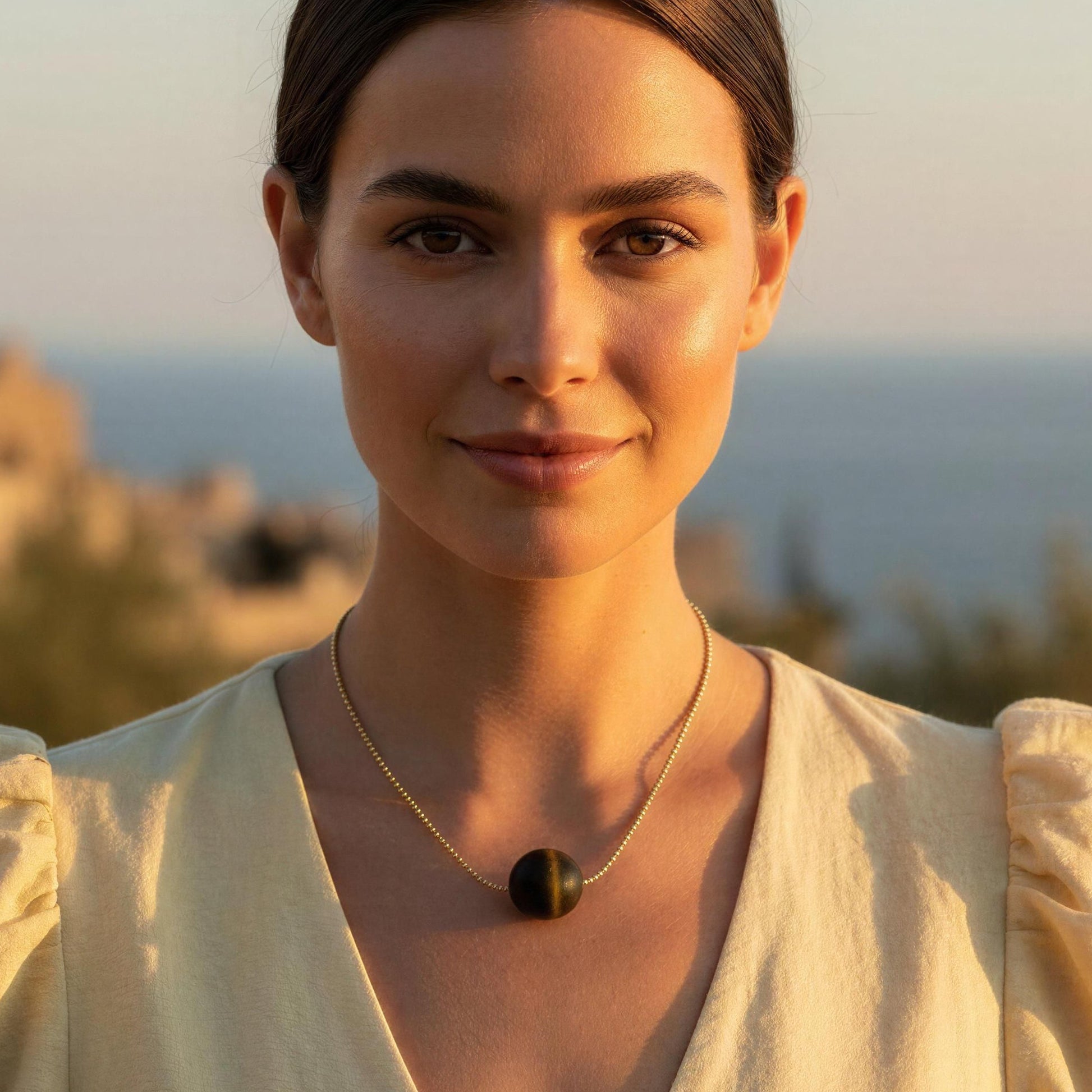 Woman in a light yellow dress standing in front of a scenic background with ocean and buildings wearing the Terra Sol Sphere necklace 