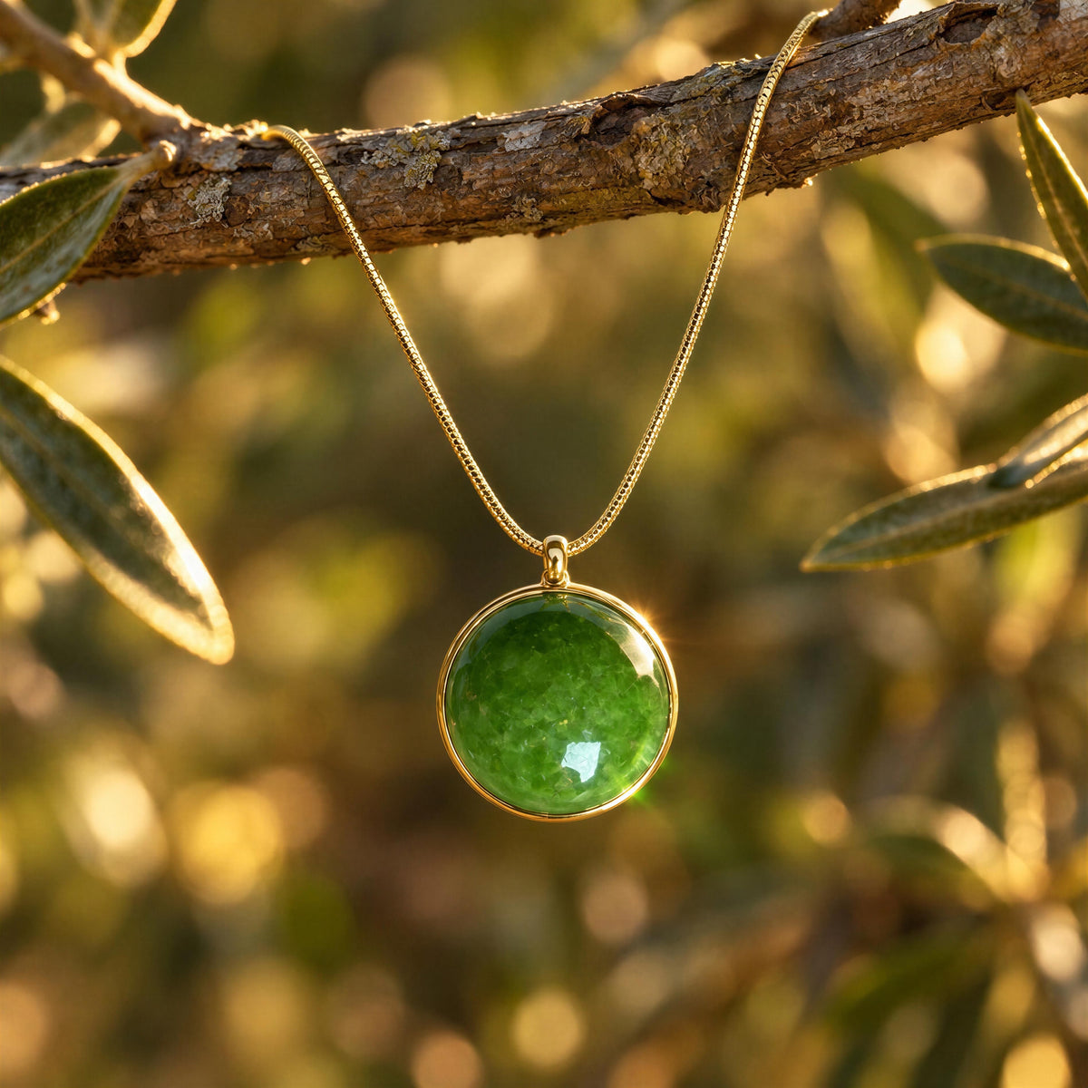 The Verena Necklace from Chica Chica Jewelry hanging from an olive branch.