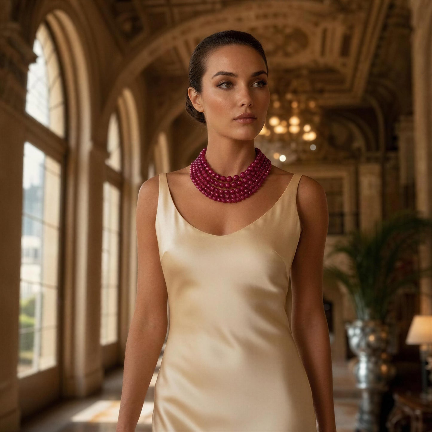 Woman wearing a yellow dress and pink necklace in an elegant interior setting