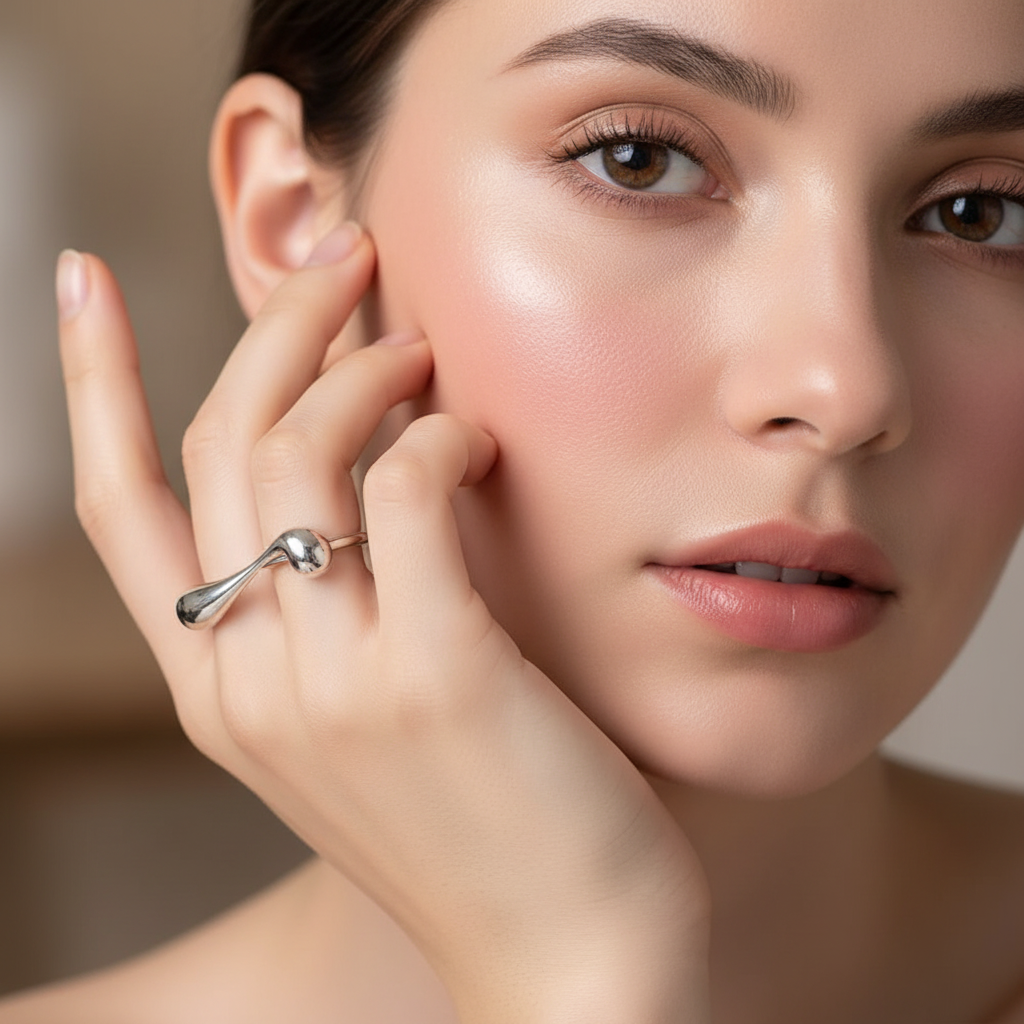 Close-up of a woman's face with the Tidal Cascade Ring-  silver ring on her finger, against a neutral background