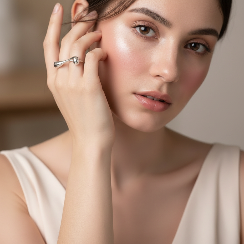 Woman wearing the Tidal Cascade Ring silver earring with a neutral background