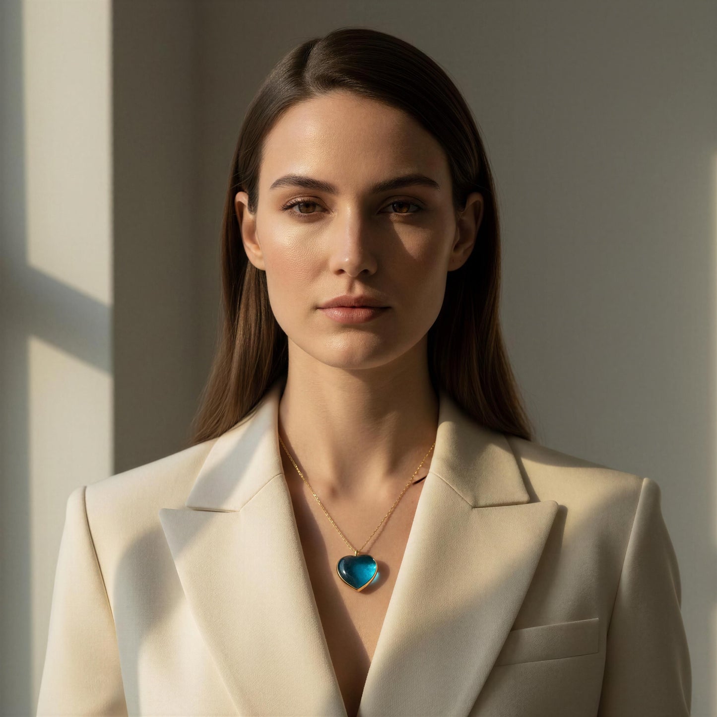 Woman wearing a beige blazer with a the Turquoise Murano Heart necklace against a neutral background