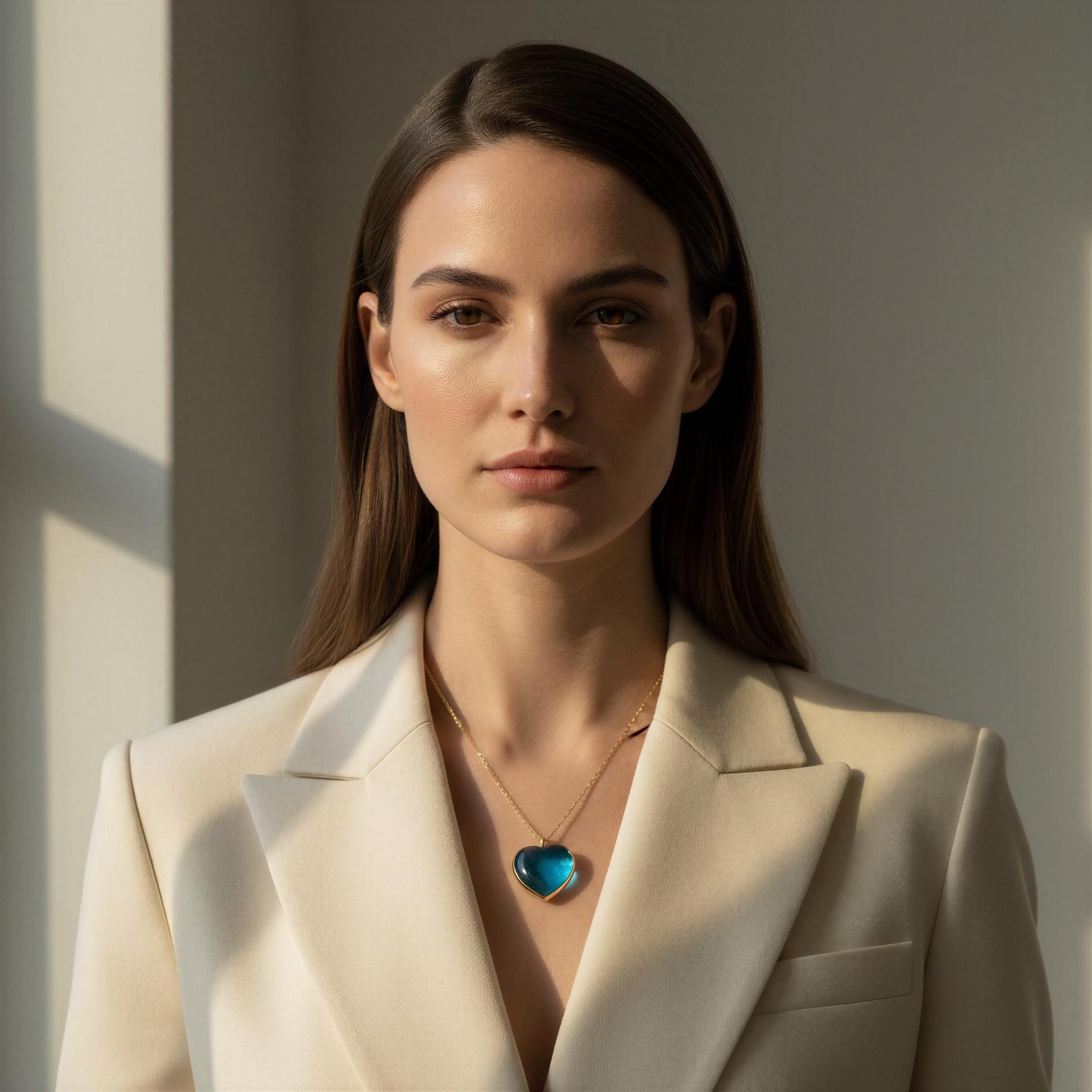 Woman wearing a beige blazer with a the Turquoise Murano Heart necklace against a neutral background