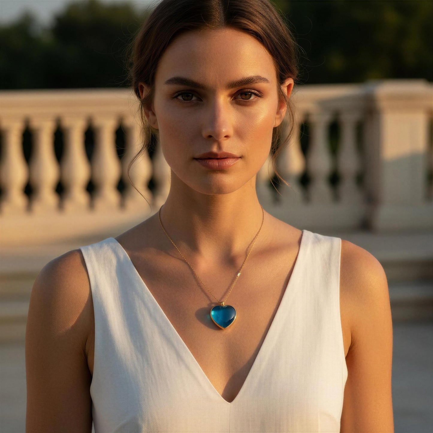 Woman wearing a white sleeveless top with the Turquoise Murano Heart Necklace, standing outdoors.