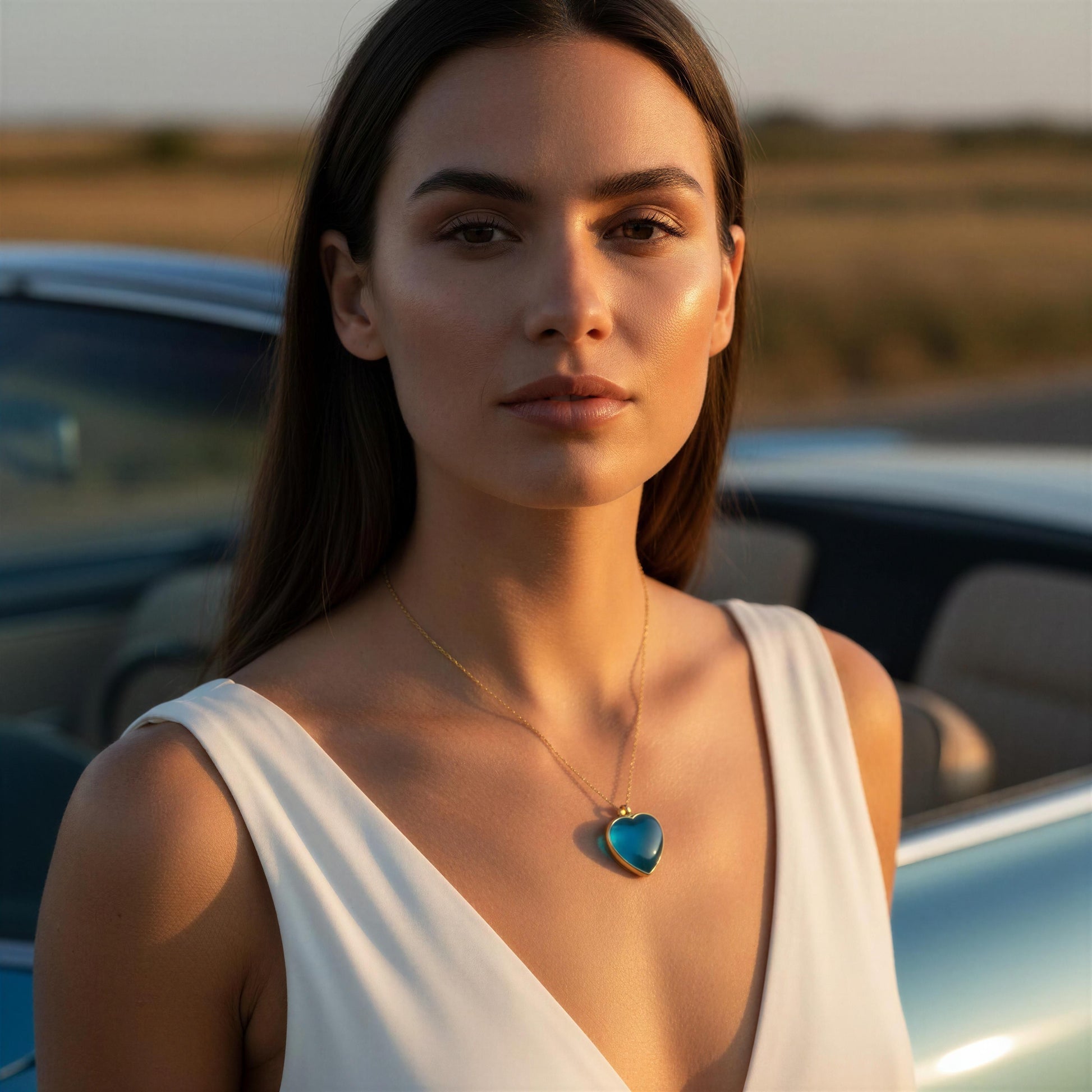 Woman wearing a white sleeveless top with a blue heart pendant in a desert setting