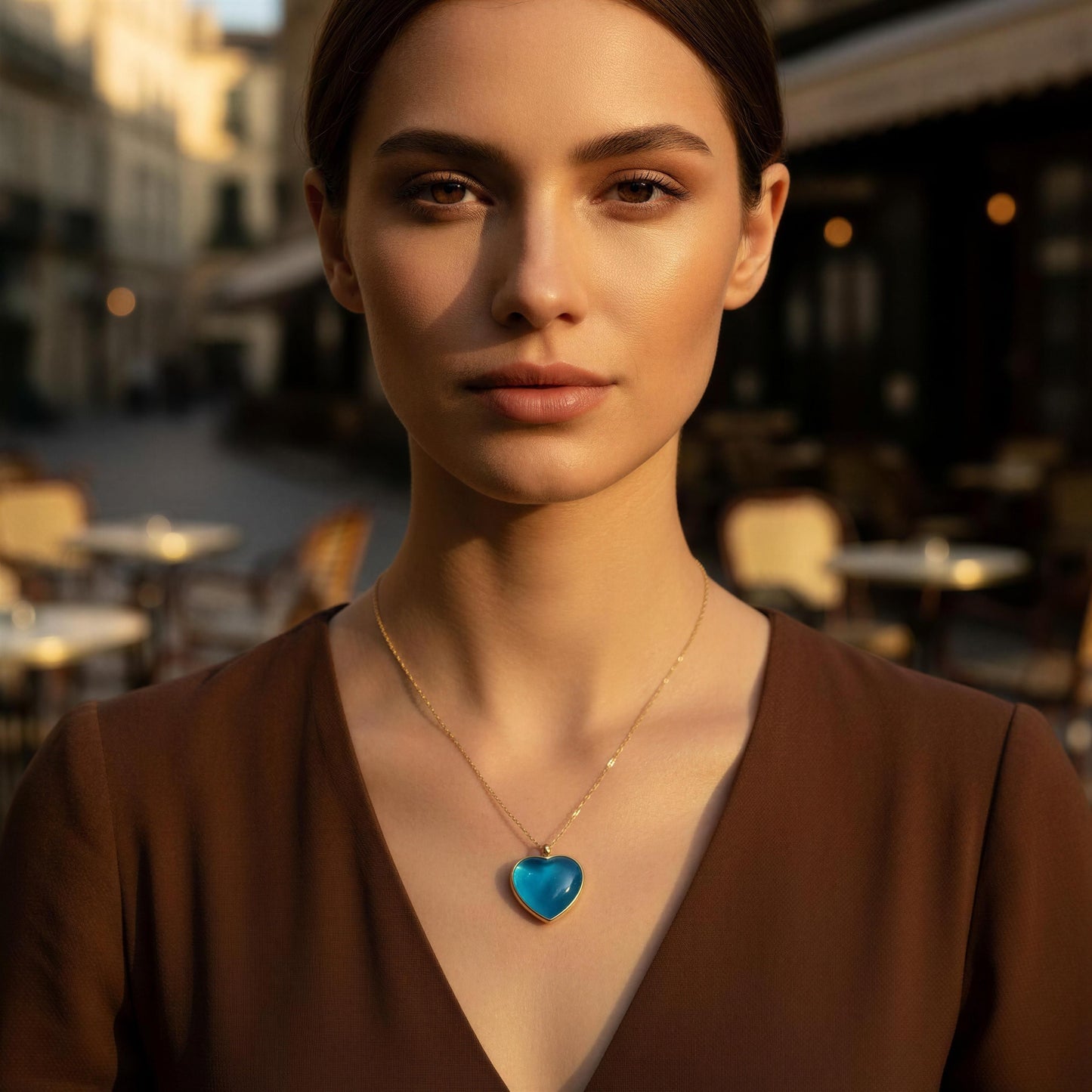 Woman wearing the Turquoise Murano Heart Necklace with a blue heart pendant in an outdoor setting