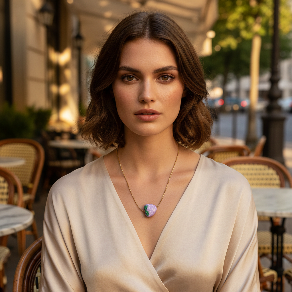 Close-up of model styling a grape charm necklace on an adjustable gold ball chain