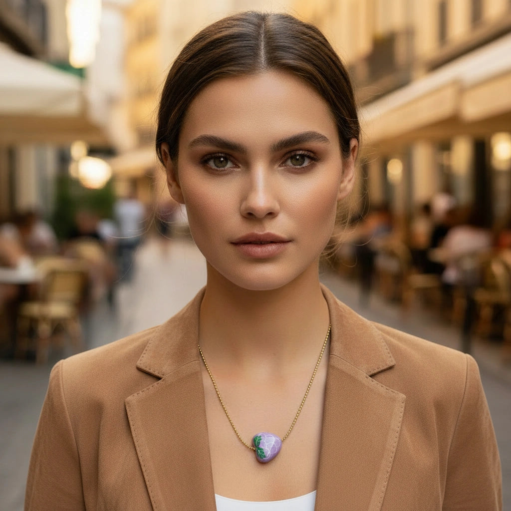 Model in neutral outfit wearing a playful yet refined grape charm necklace
