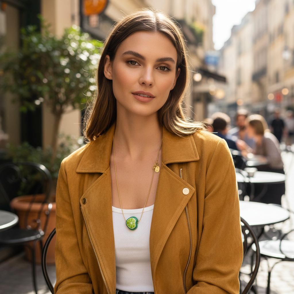 Model styling the Tutti Frutti Lime Necklace with a hand-painted lime charm on an 18K gold-plated chain, paired with a neutral outfit in a café street setting.
