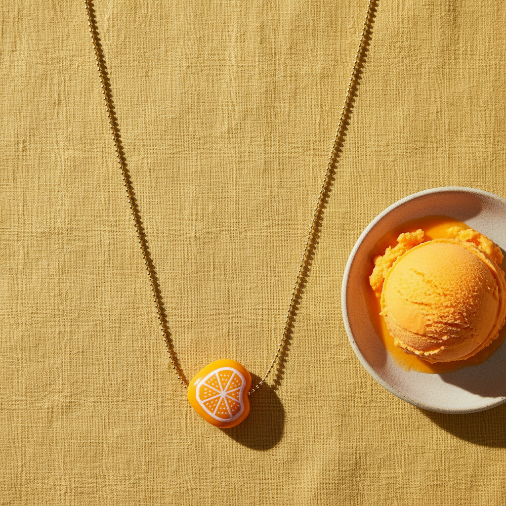 Tutti Frutti Orange necklace styled with orange gelato on textured yellow fabric