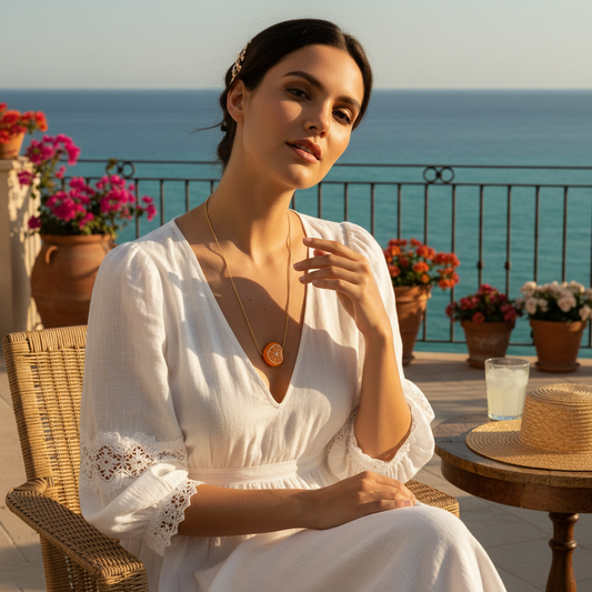 Model wearing Tutti Frutti Orange necklace with gold ball chain, styled with white dress on a seaside terrace