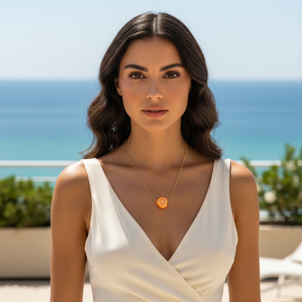 Model wearing Tutti Frutti Orange necklace with gold ball chain against ocean backdrop
