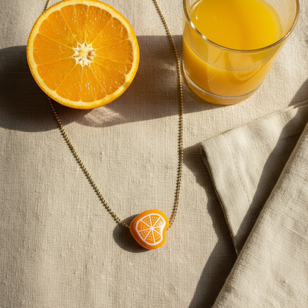 Tutti Frutti Orange charm necklace styled with fresh orange slices and glass of juice