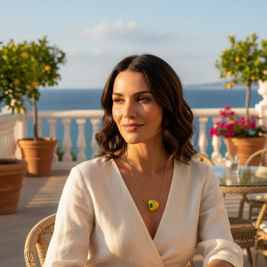 Model wearing Tutti Frutti Pineapple Necklace with yellow hand-painted charm on gold chain, styled with cream dress on Mediterranean terrace