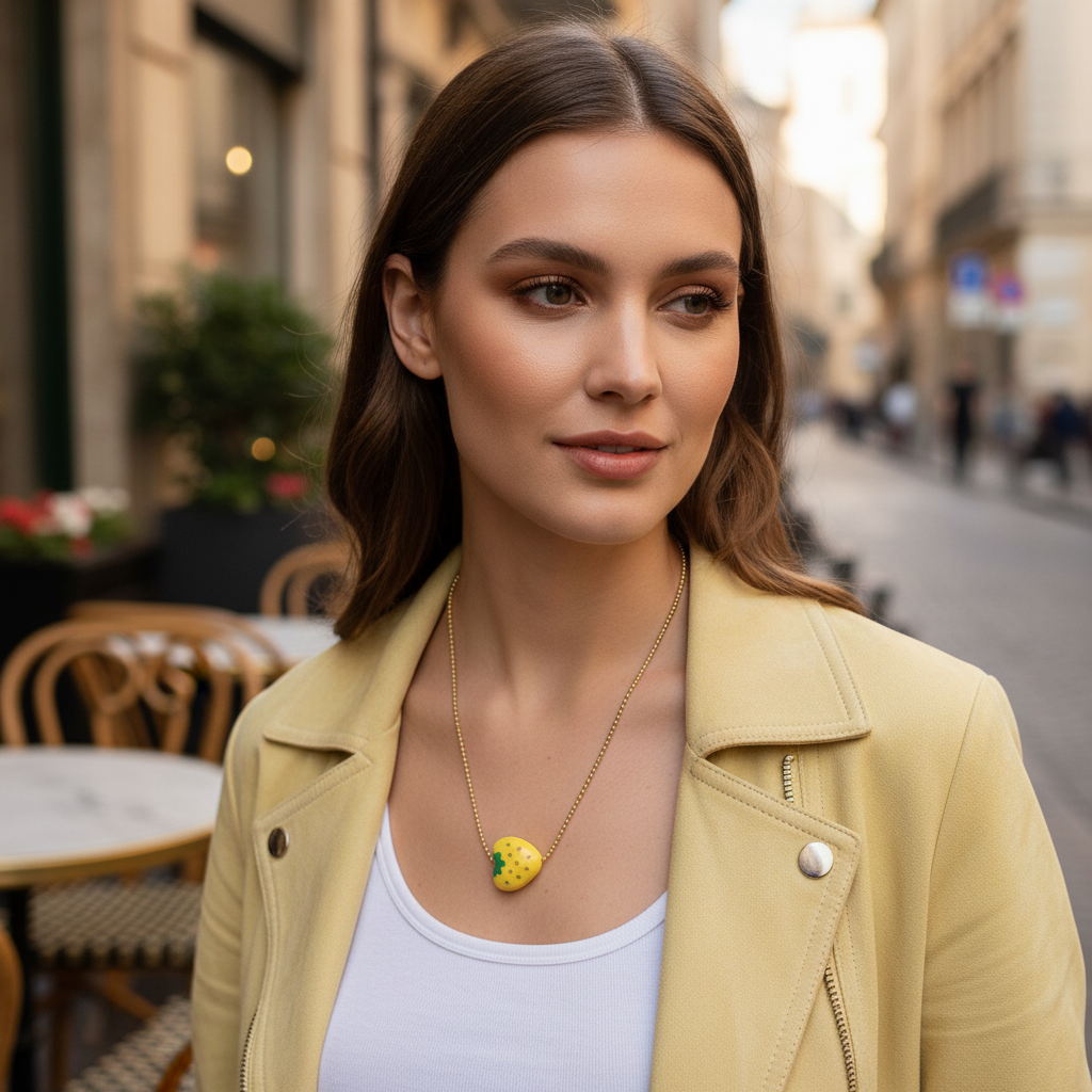 Tutti Frutti Pineapple Necklace styled with yellow jacket and white top, showcasing pineapple charm in urban café setting