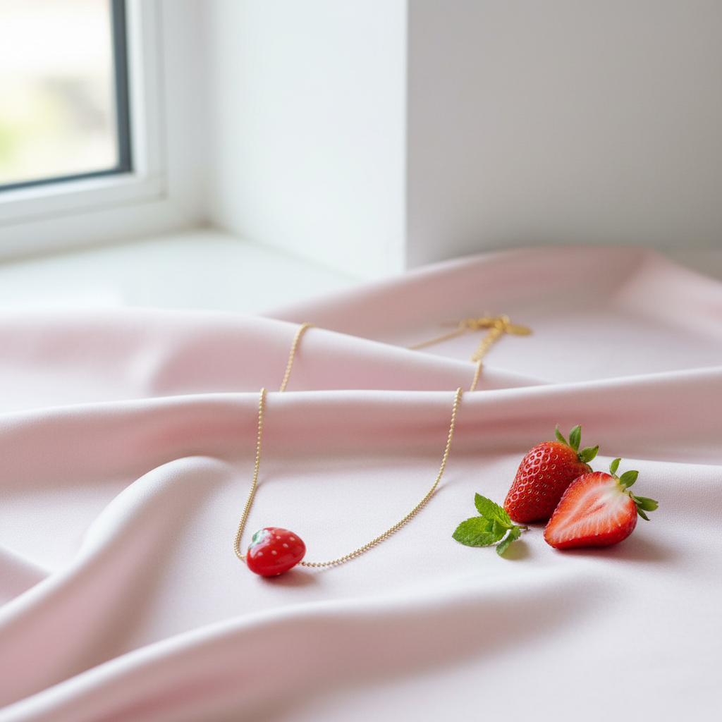 Flatlay of the Tutti Frutti Strawberry Necklace with a hand-painted strawberry charm styled on soft ivory fabric with fresh strawberries.