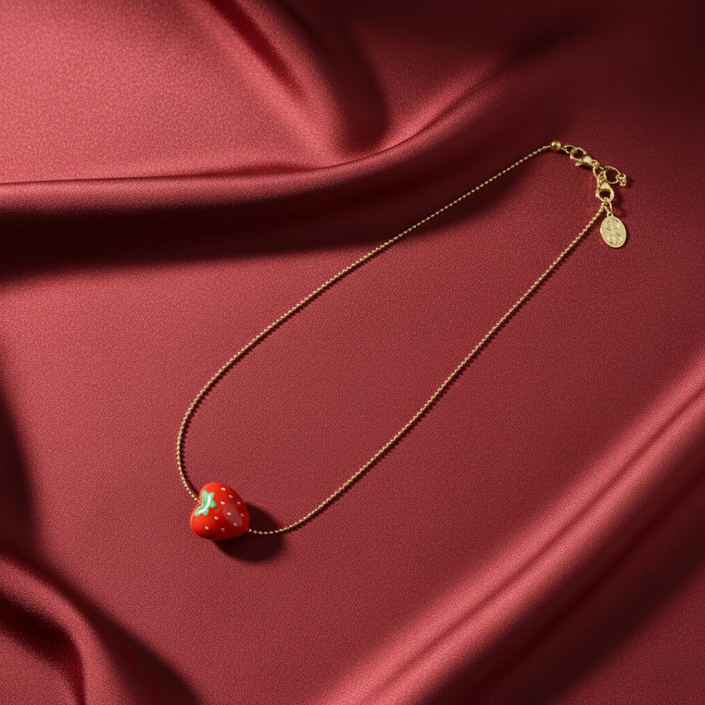 Tutti Frutti Strawberry Necklace displayed on deep red fabric, highlighting the glossy strawberry charm and adjustable gold ball chain.