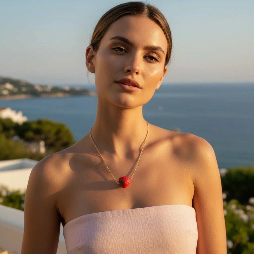 Model wearing the Tutti Frutti Strawberry Necklace with a vibrant strawberry charm against sunlit skin and a coastal backdrop.