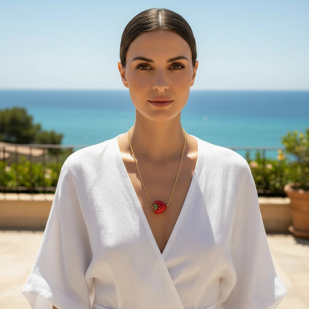 Front view of the Tutti Frutti Strawberry Necklace featuring a hand-painted strawberry charm on a delicate gold ball chain, worn with a white blouse overlooking the ocean.