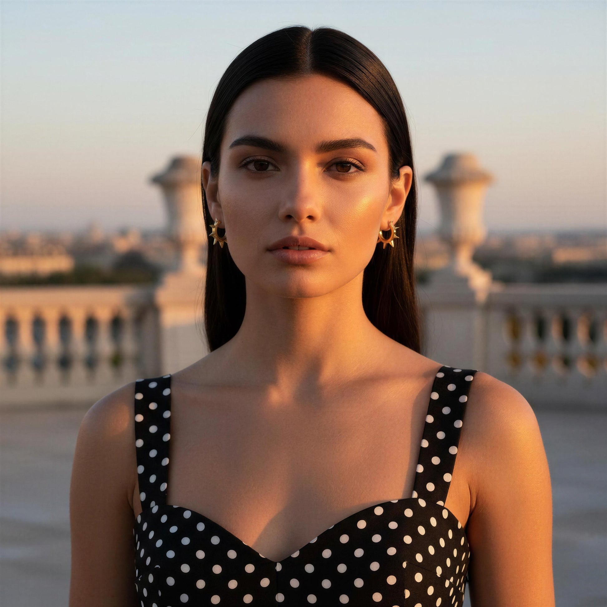 Woman wearing a black polka dot dress and the  Valora Spike Hoops with a blurred architectural background 