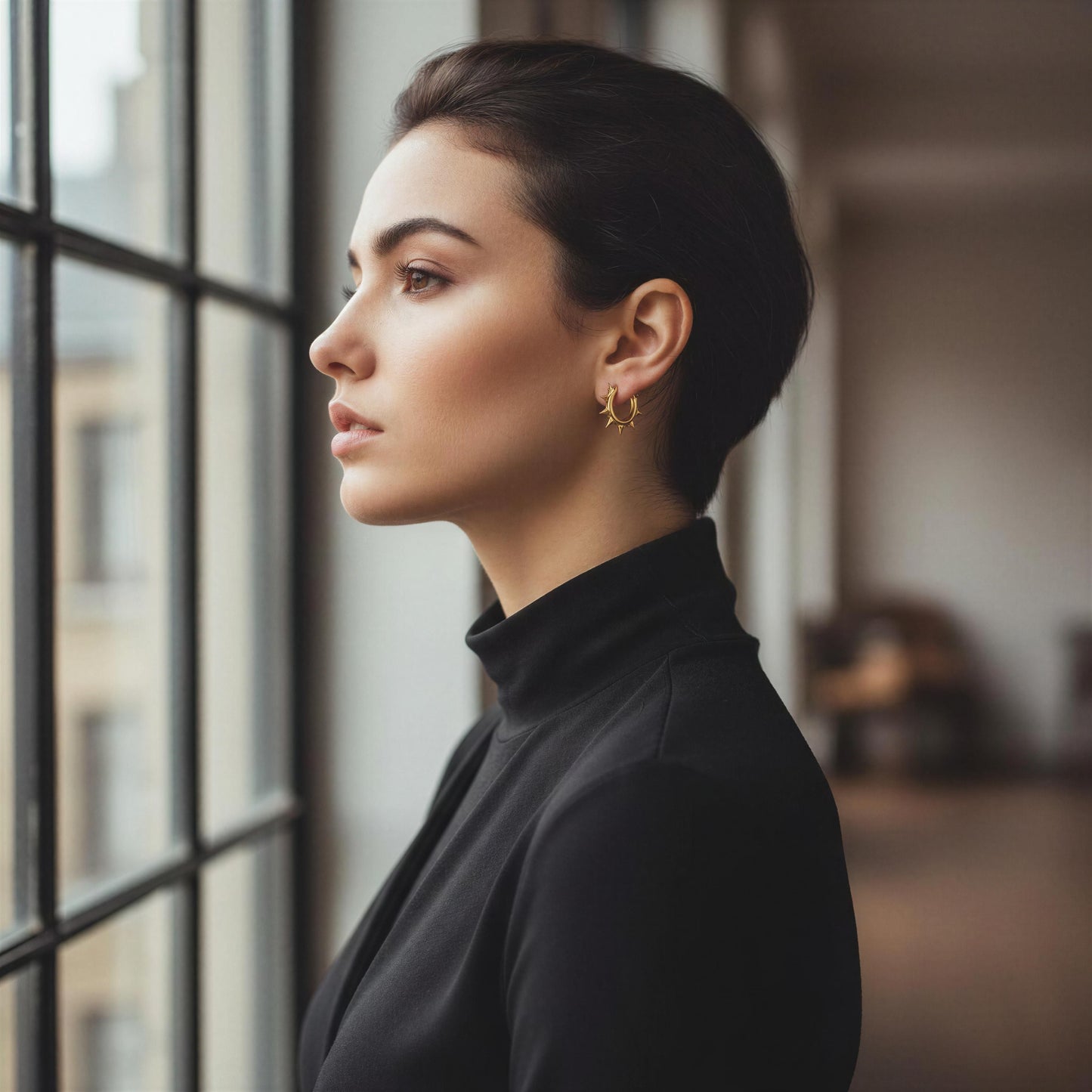 Woman in a black turtleneck standing by a window wearing the Valora Spike Hoops