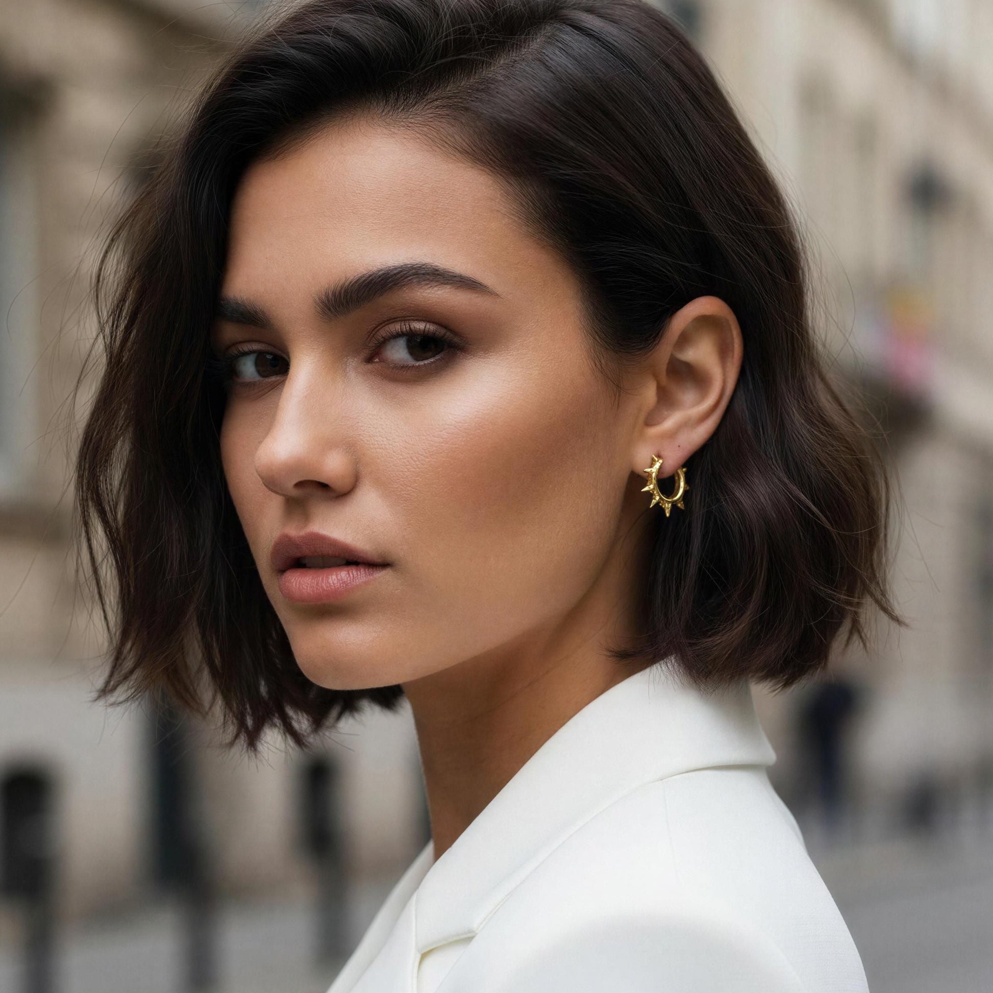 Woman in a white blazer standing on a city street wearing the Valora Spike Hoops