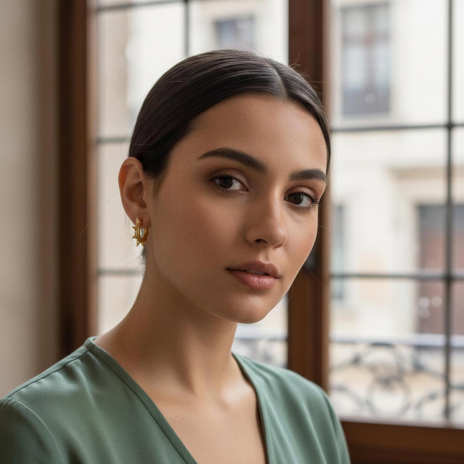 Woman in a green dress standing in front of a window with a blurred cityscape wearing the Valora Spike Hoops