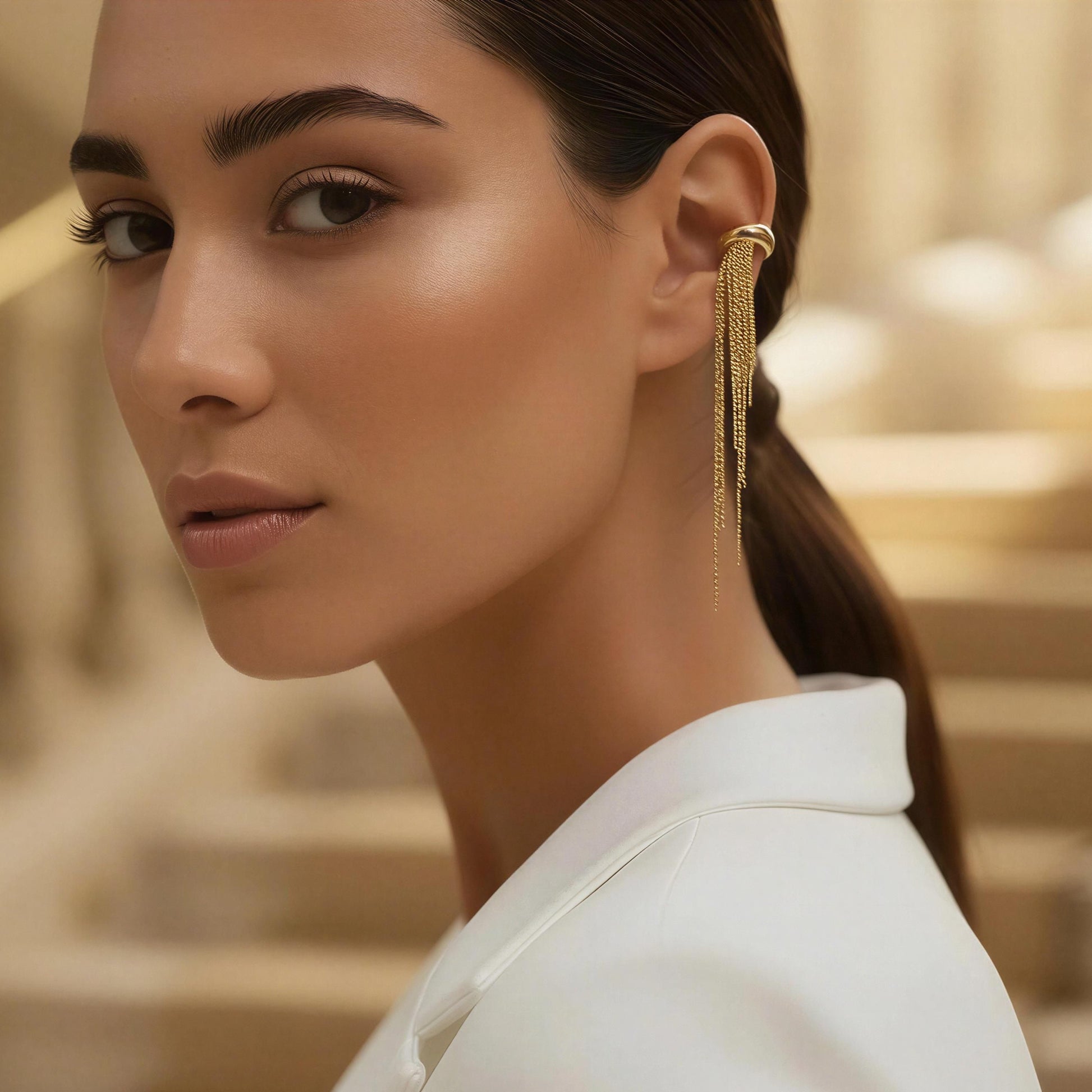 Woman wearing a white blazer with Vela Gold Ear Cuff in front of beige steps.