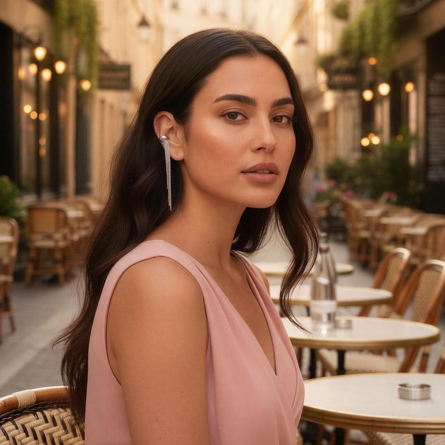 Woman in a pink dress sitting at an outdoor cafe table in a city street wearing the Vela Silver Ear Cuff.