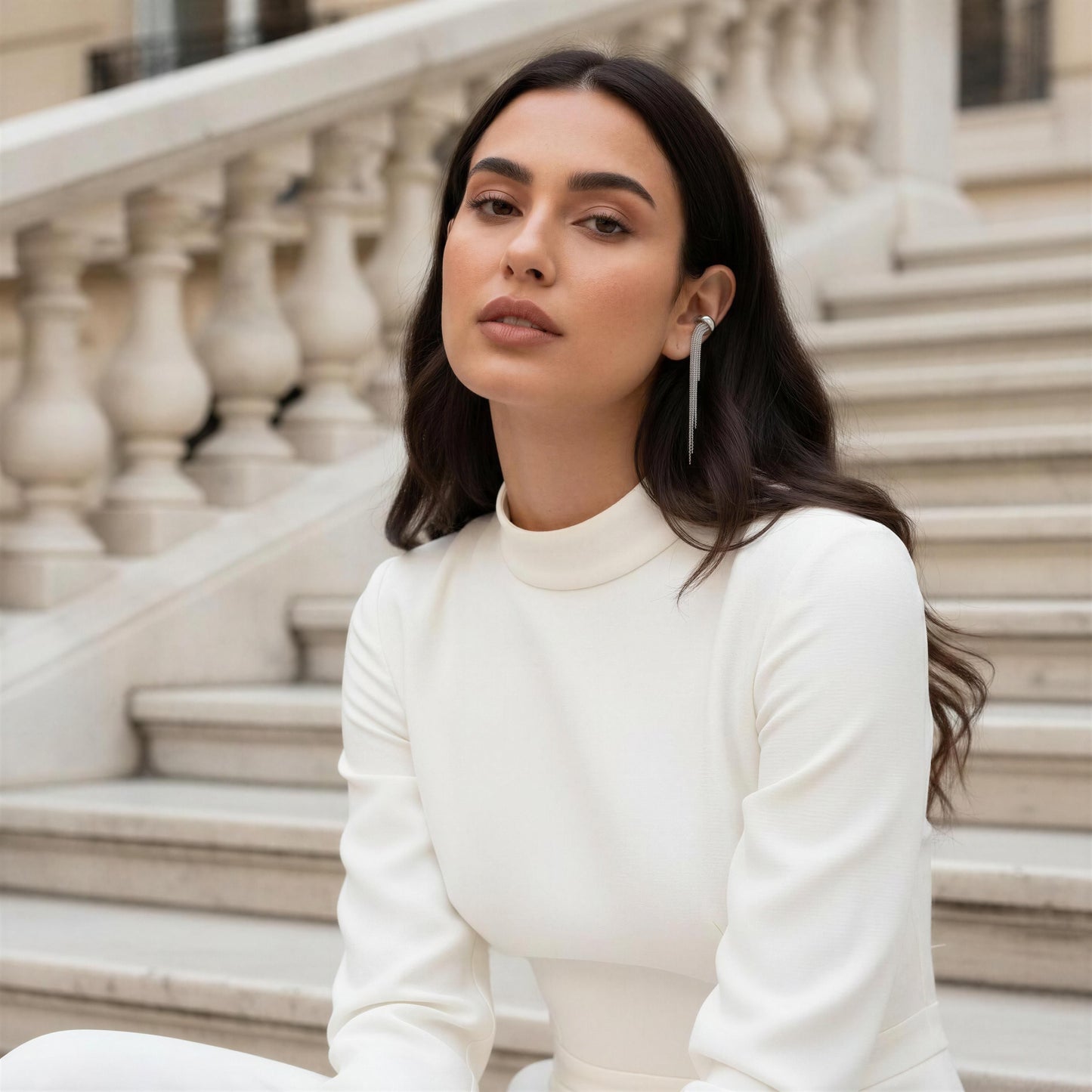 Woman in a white outfit sitting on stone steps wearing the Vela Silver Ear Cuff.