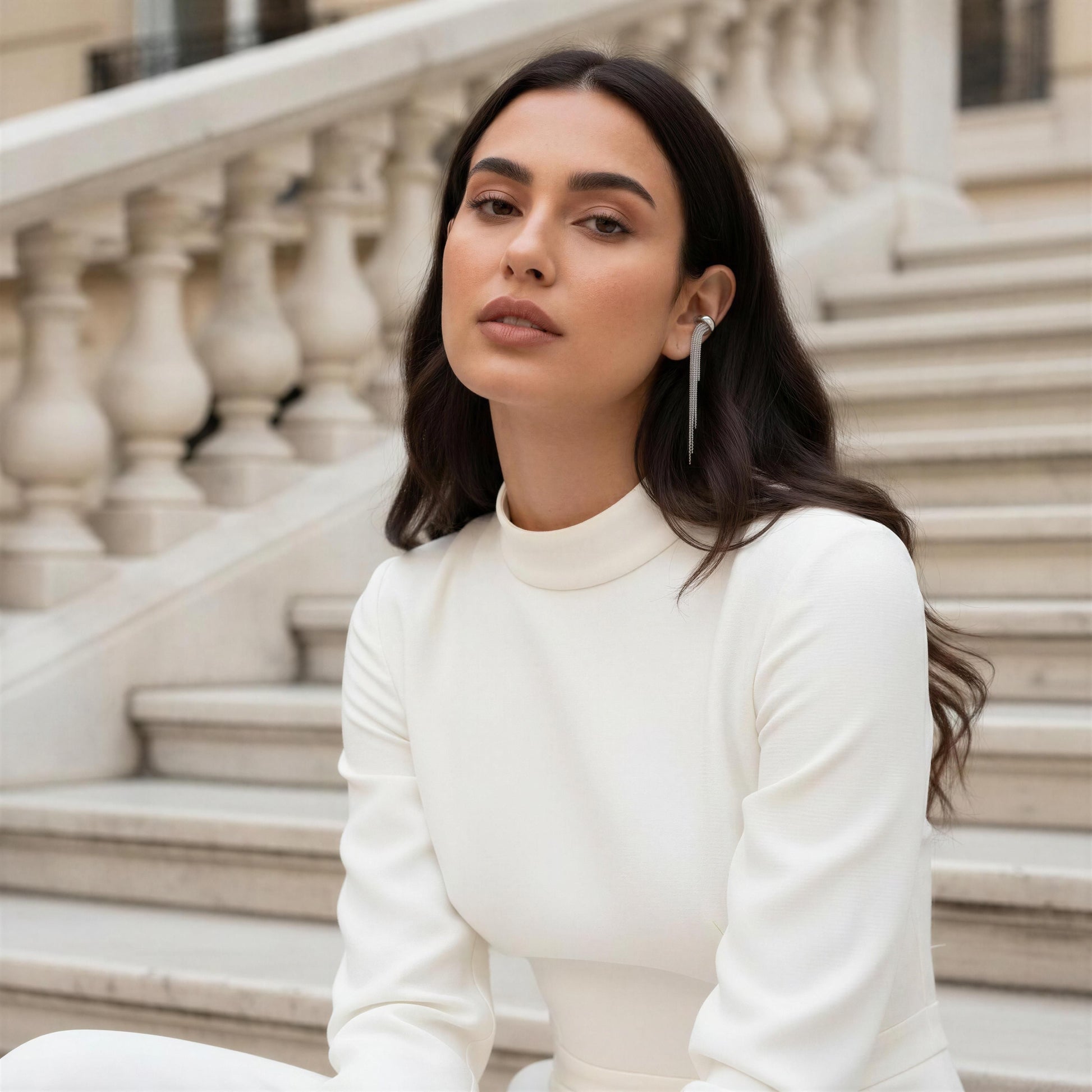 Woman in a white outfit sitting on stone steps wearing the Vela Silver Ear Cuff.