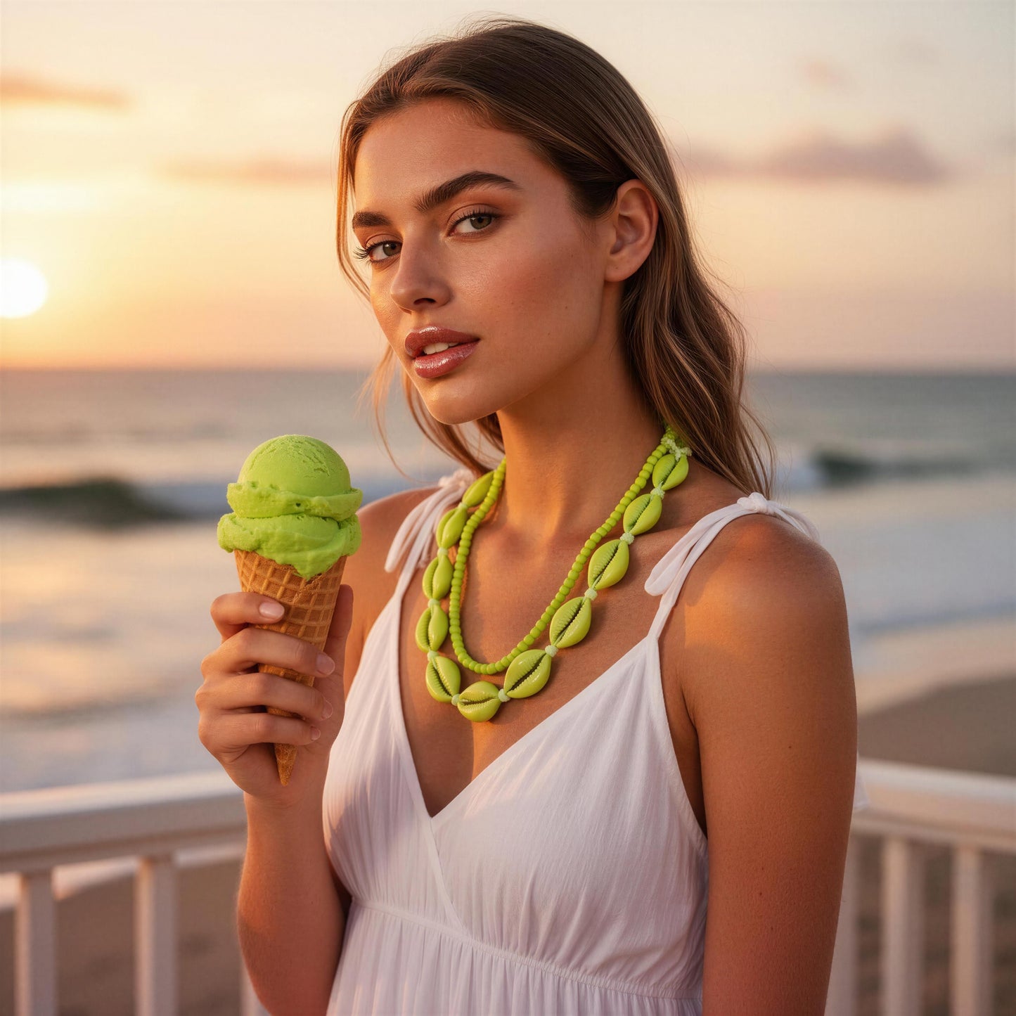 Woman holding a green ice cream cone on a beach at sunset and wearing the Verde Mare Necklace.