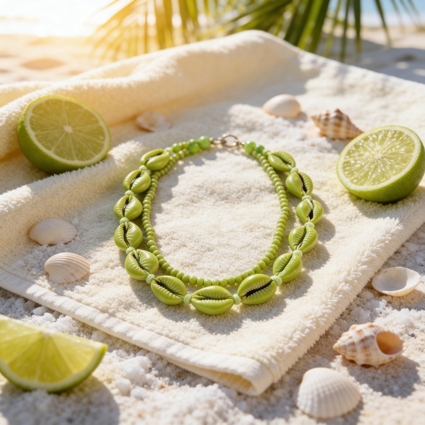 Green shell bracelet on a towel with limes and shells