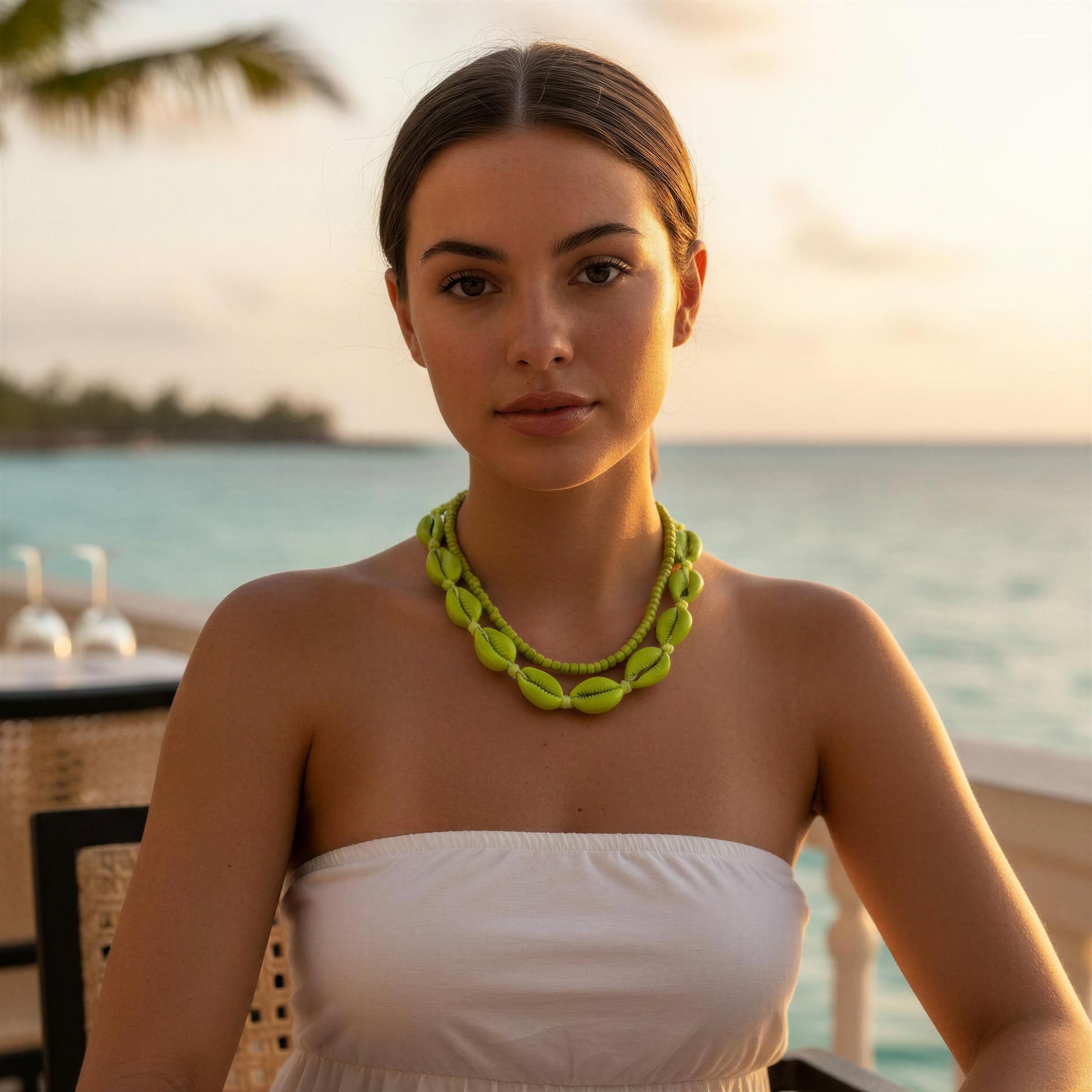 Woman wearing a white dress and the Verde Mare Necklace by the ocean