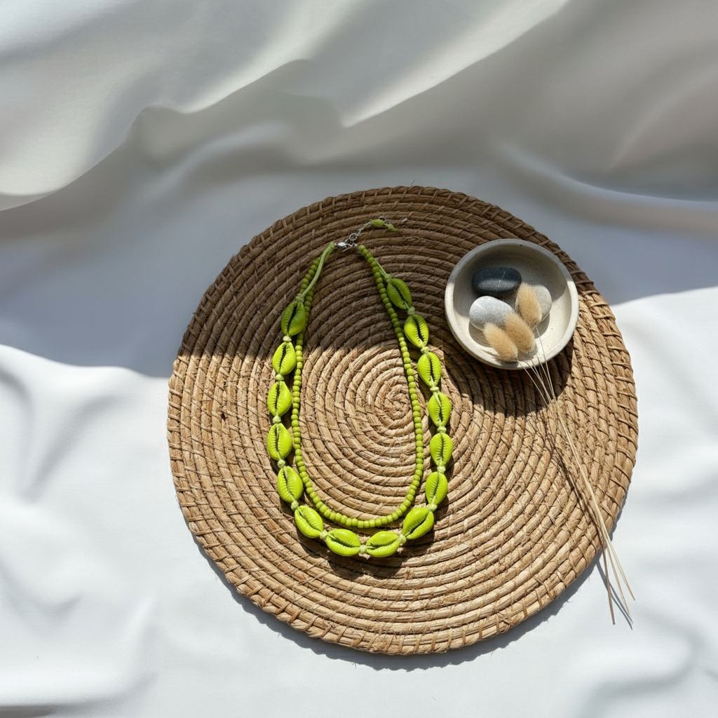 Necklace on a woven mat with a bowl of stones on a white fabric background and the Verde Mare Necklace