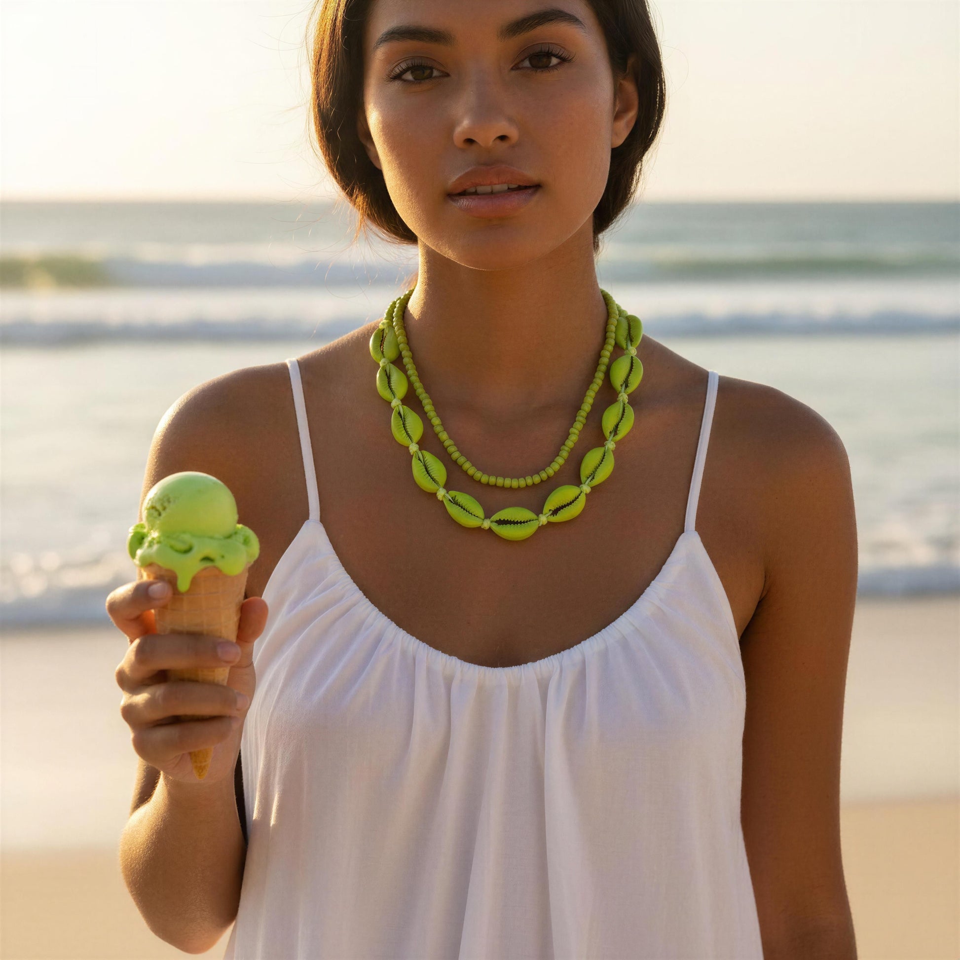 Woman holding a green ice cream cone on a beach