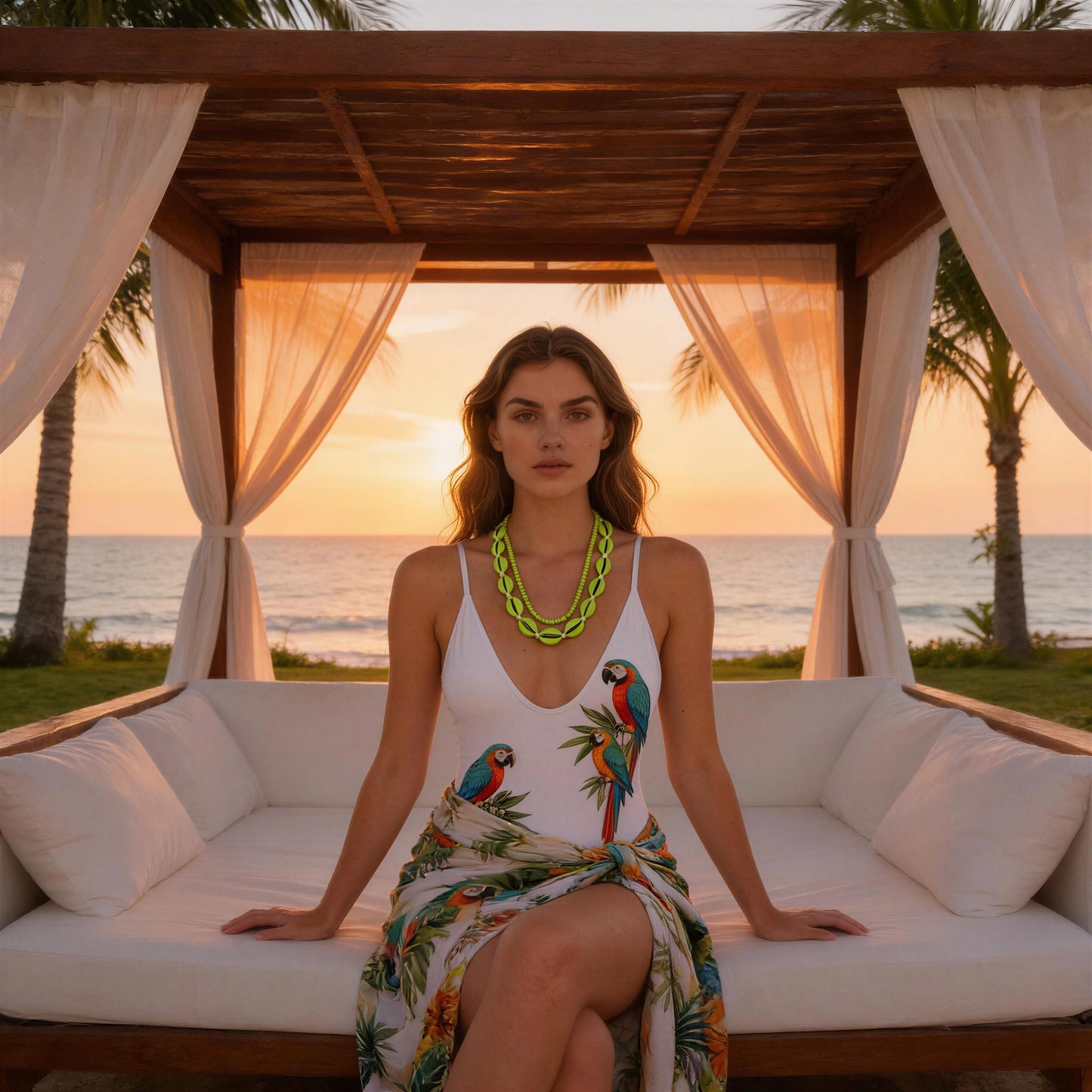 Woman sitting on a beach cabana with ocean view at sunset