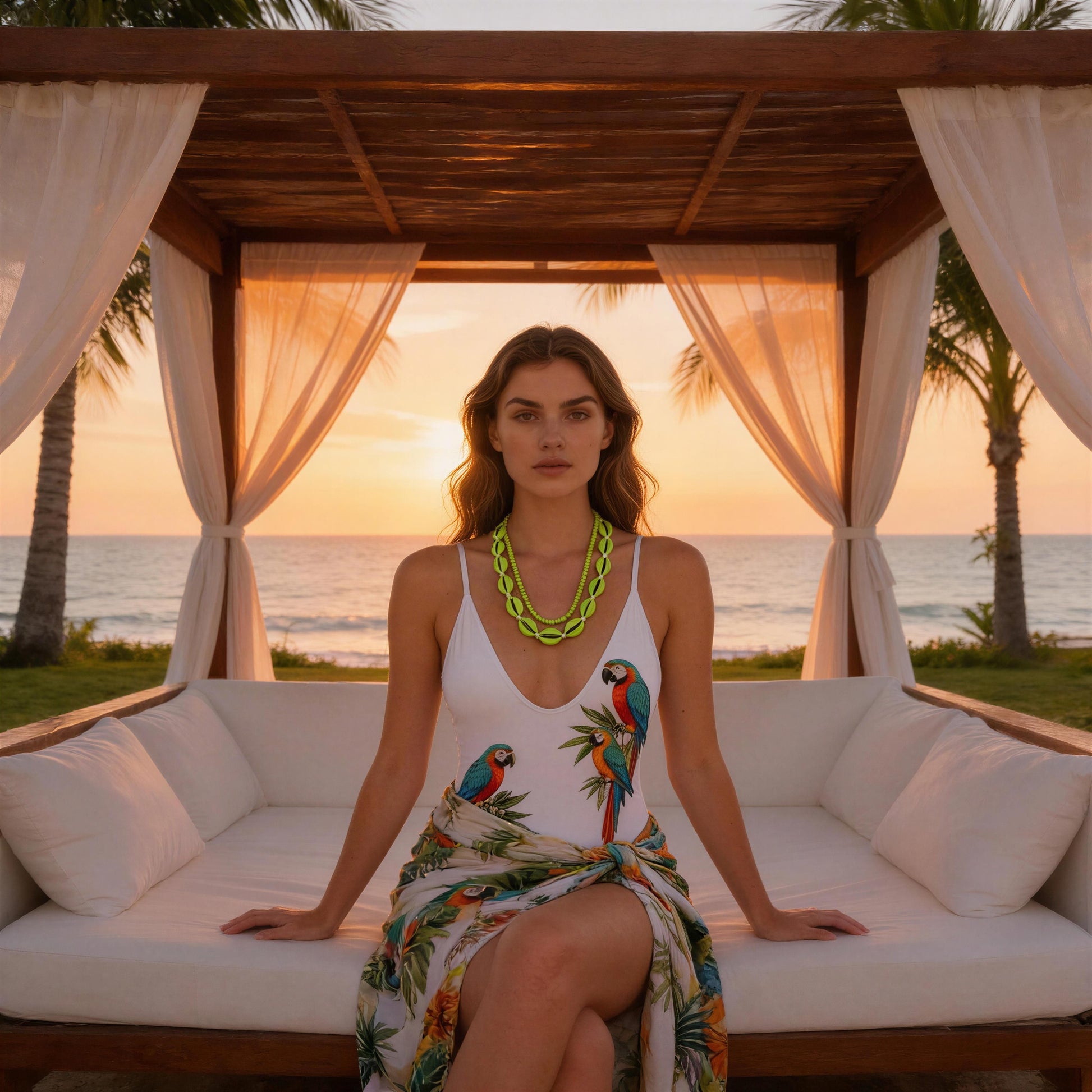 Woman sitting on a beach cabana with ocean view at sunset