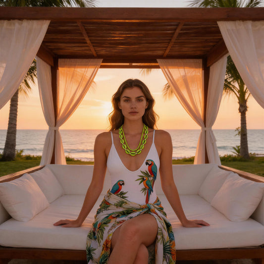 Woman sitting on a beach cabana with ocean view at sunset