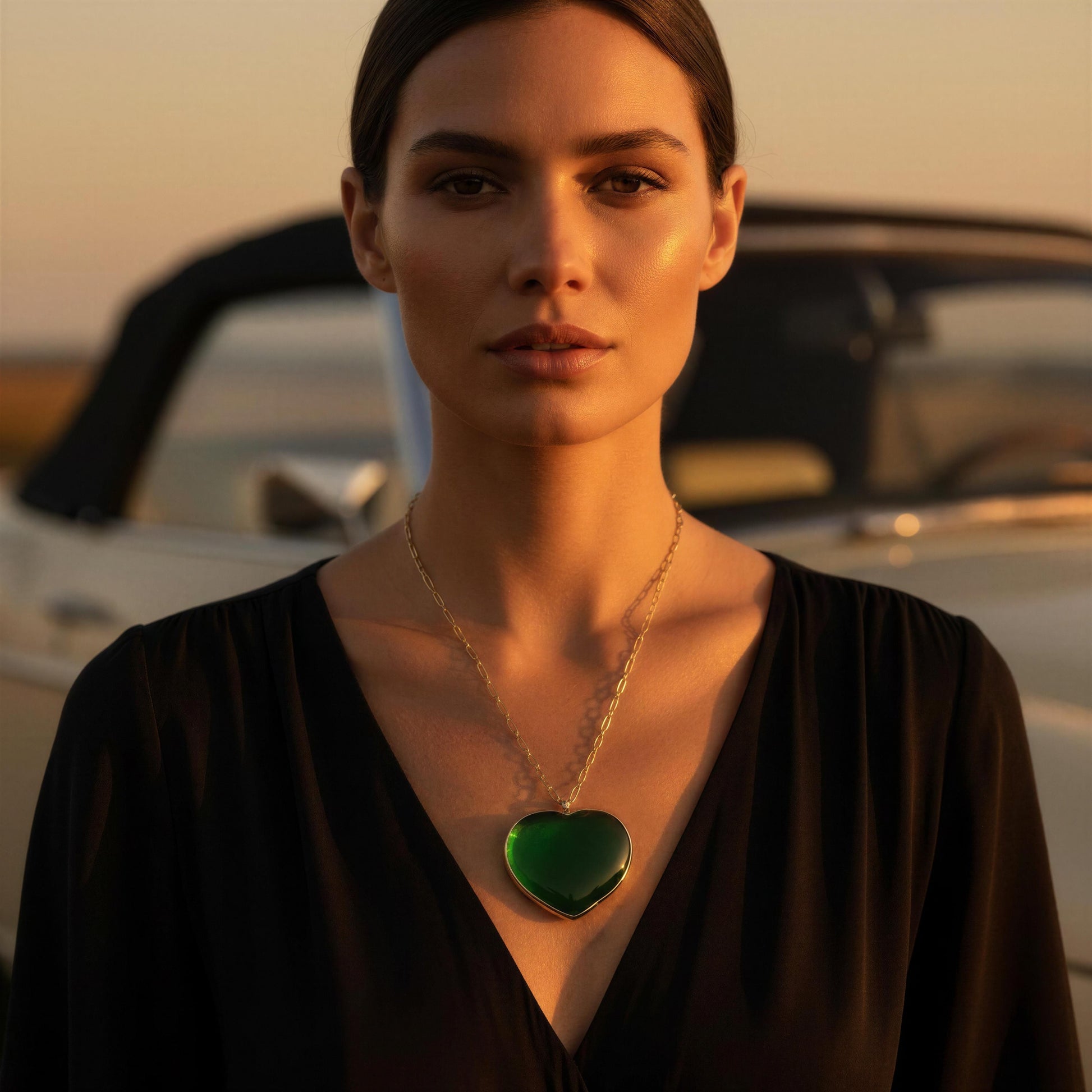 Woman wearing the Verde Murano Heart Necklace in an outdoor setting.
